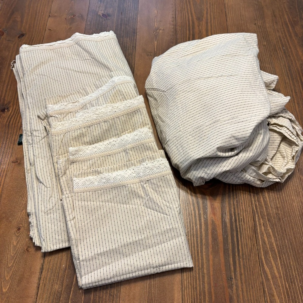 Ralph Lauren VTG Cold Spring Pinstripe Lace Sheet Set KING Flat Fitted 4 Pillow